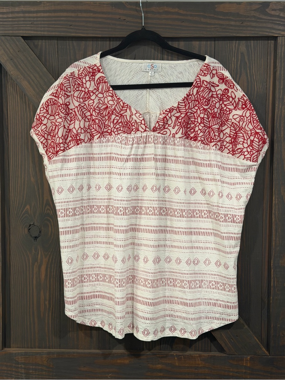 OSO Casuals Women’s Red & Cream Embroidered Yoke Peasant Top Size 3X